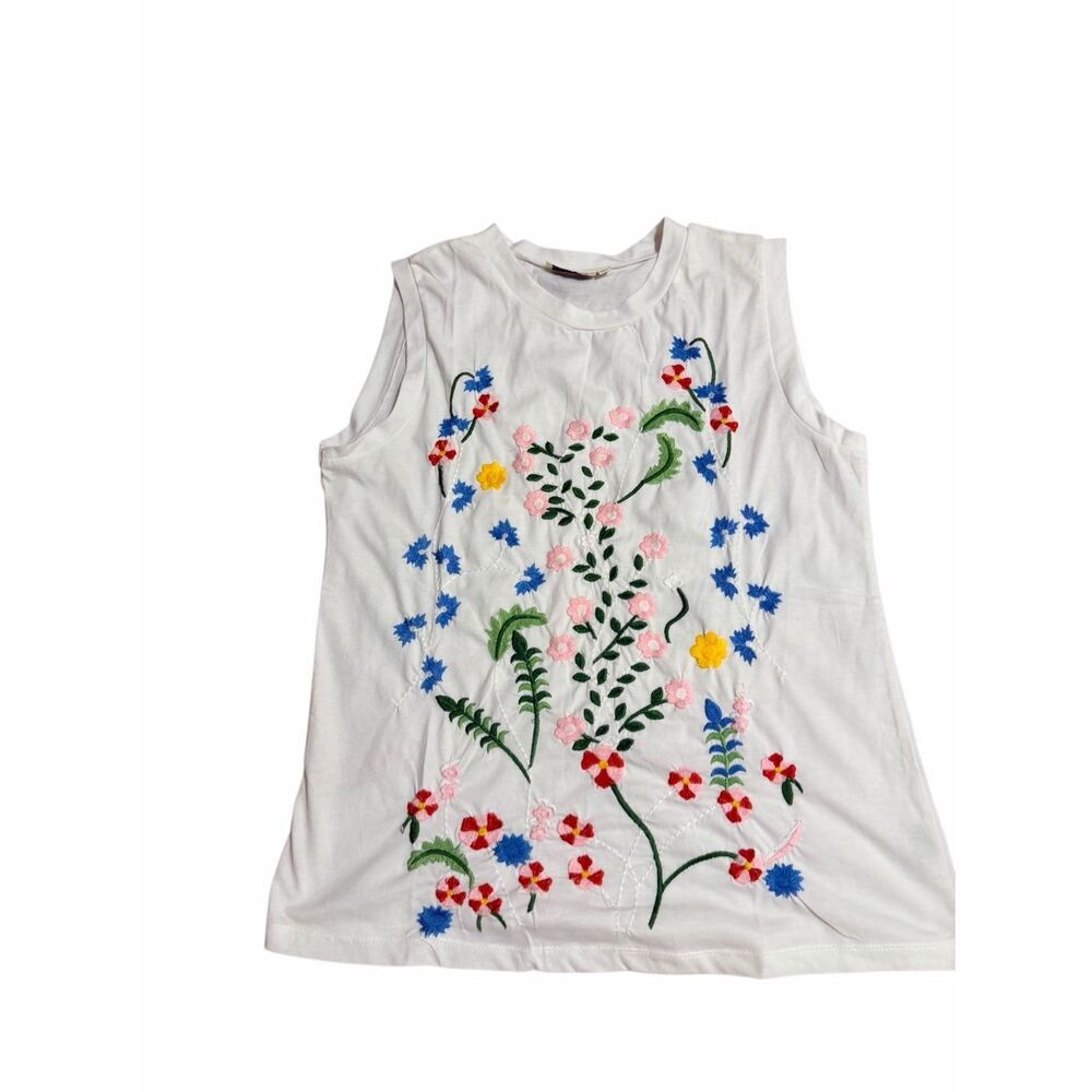 Cotton Daisy Women's Size XL White Floral Sleeveless Tank Top Shirt Summer